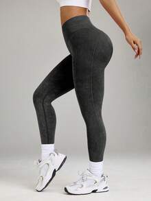 Core Rhythm Seamless High Elasticity Yoga Exercise Sports Criss-Cross Waist Sandwashed Sports Leggings - Black - View 5