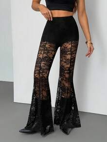 SHEIN Tall Quần ống loe ren xuyên thấu màu đen gợi cảm dành cho nữ, thích hợp cho các buổi tối đi chơi/tiệc rave/club/tiệc độc thân/tiệc theo chủ đề/phong cách thập niên 70/quần đen. - màu đen - Xem 4