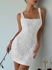 Aloruh Váy ren mini bó sát lãng mạn 3D họa tiết hoa màu trắng cho nữ, dự tiệc cưới, mùa xuân/hè - trắng - Xem 7