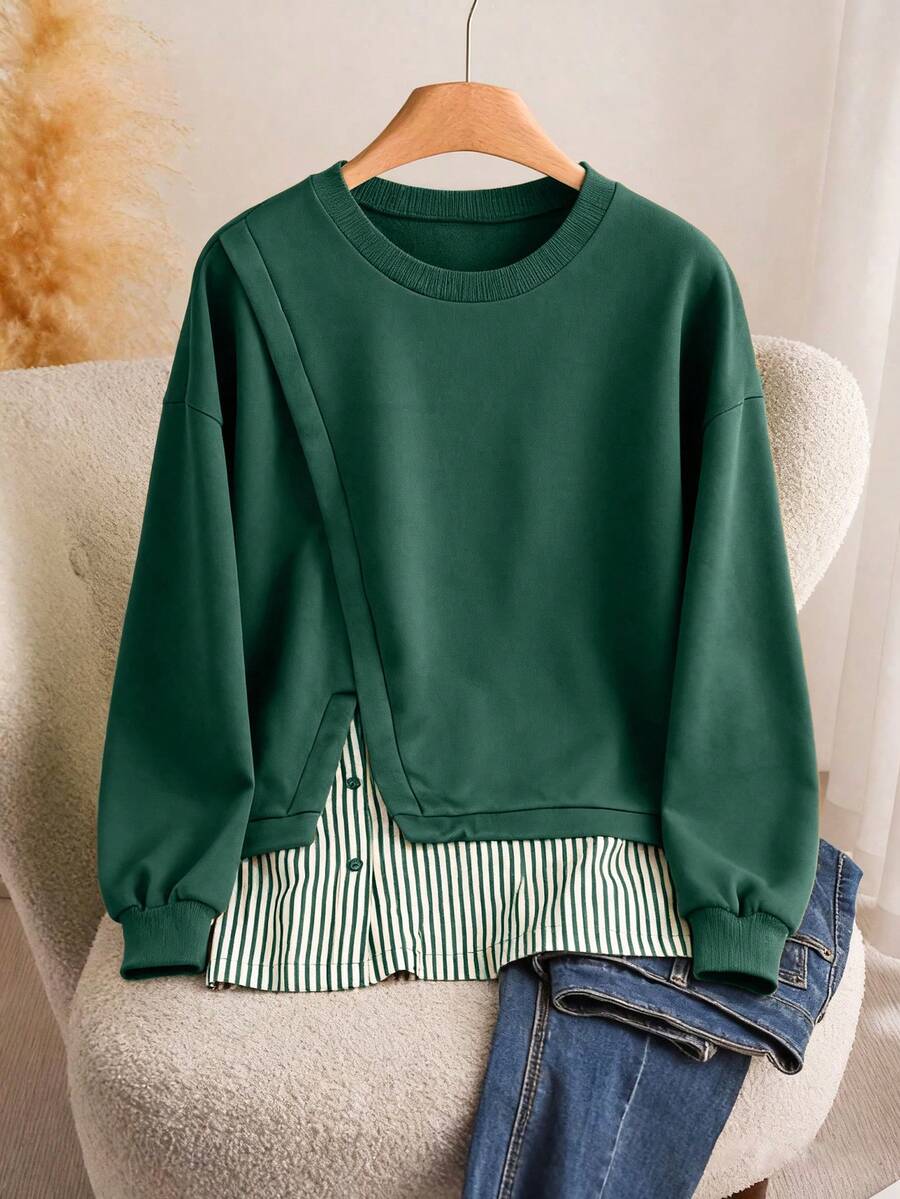 Franclia Plus Size Striped Patchwork Loose Casual Sweatshirt, Spring/Autumn - Dark Green - View 1