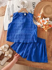 SHEIN 2pcs Tween Girls Casual Crew Neck Textured Fabric Bow Back Tank Top And Shorts Set - White - View 2