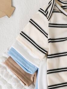 4pcs/Set Baby Boy/Girl Cute Knitted Elastic Striped Short Sleeve Rompers, Basic Bodysuits, Spring/Summer - Multicolor - View 6