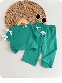 Babygirl Cute Green Bow Knit Short Sleeve T-Shirt & Elastic Waist Pants Set, Summer - Black - View 1