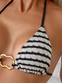 Swim Mod Women's Vacation Beach Striped Halter Swimsuit Top - Black and White - View 5