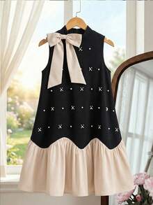 SHEIN Serisse Kids 少女可愛寬鬆優雅立領撞色大蝴蝶結珠飾下擺多層荷葉邊黑色洋裝，少女米色款 - 黑色 - 查看 5