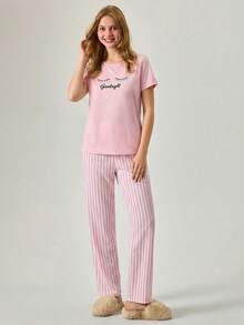 Loomlin Cottnline Cotton 2Pcs Eye Printed Short Sleeve Shirt And Striped Long Bottom Pj Set Women S Pajama Cute Pajamas For Woman - Pink - View 3