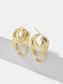 MOTF PREMIUM 18K GOLD PLATED CLAW CHAIN TASSEL SYMMETRIC MINIMALIST ELEGANT HOOP EARRINGS - Yellow Gold - View 9