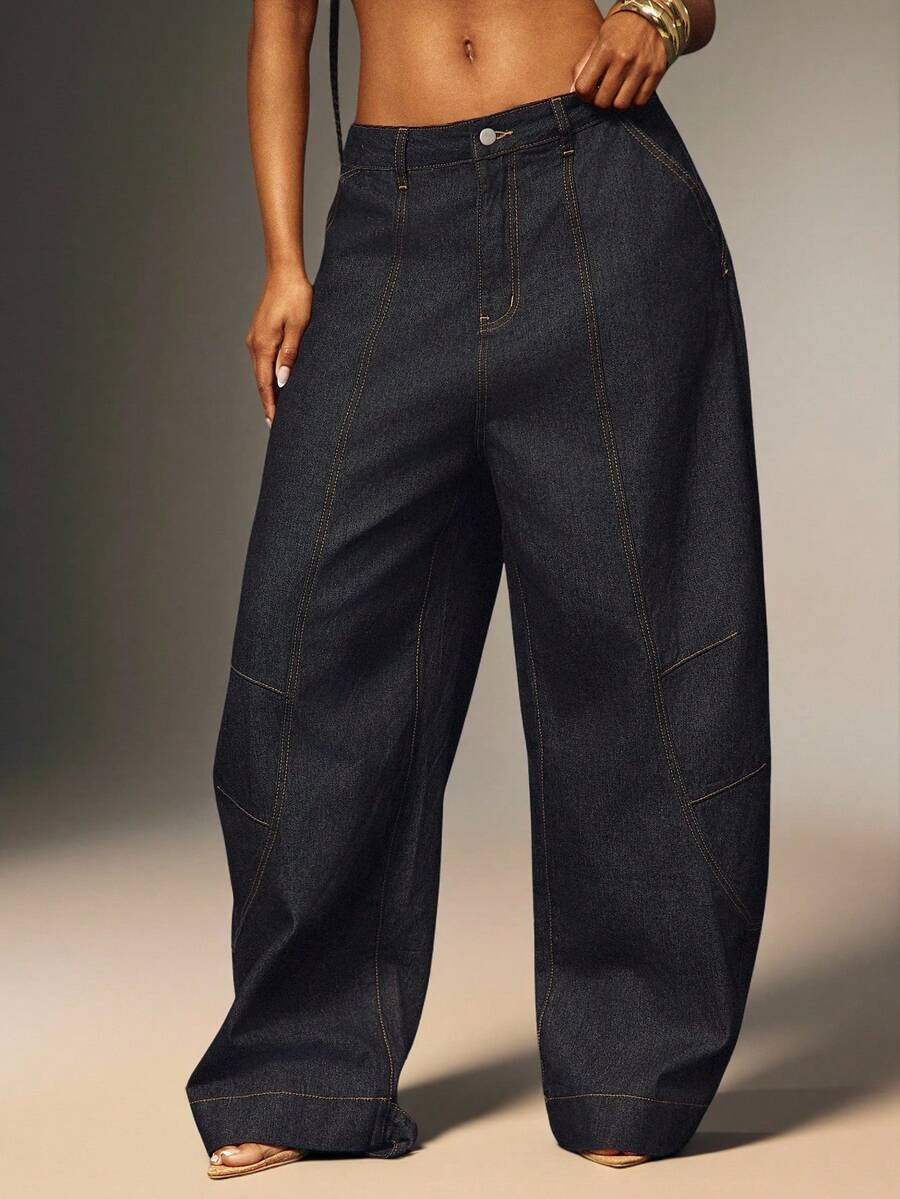 Denimoi Barrel Leg Adjustable Ankle Baggy Jeans Fashionable Streetwear Barrel Jeans Balloon Jeans - Dark Wash - View 1