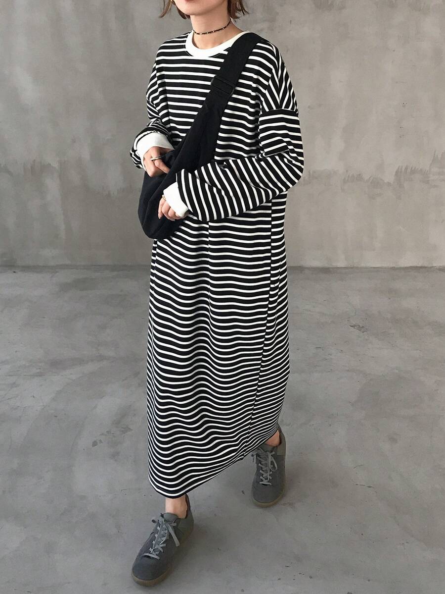 FRIFUL 女士条纹圆领落肩长袖休闲宽松中长连衣裙 - 黑色 - 查看 1