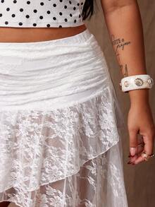 Rustia Chân váy nữ cỡ lớn dáng ôm, eo bèo nhún, gợi cảm, màu trơn, phối ren, vạt bất đối xứng, thích hợp mặc hàng ngày. - trắng - Xem 6