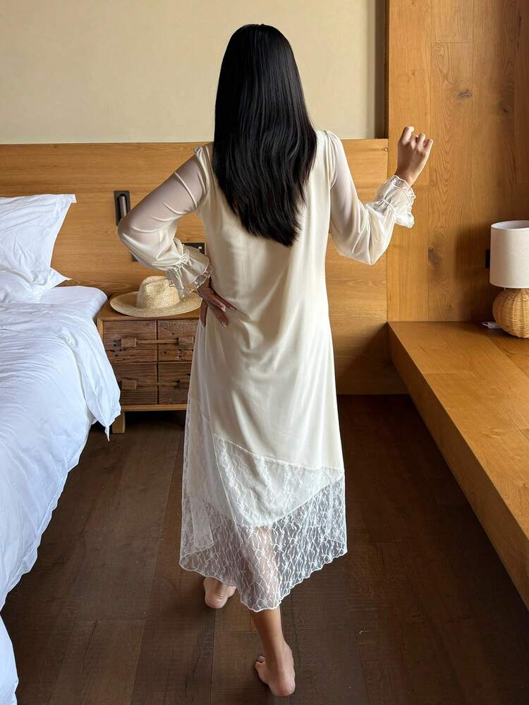 Romantic Lace Patchwork Ruffle Hem Women's Nightgown