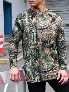 Men's Casual Long Sleeve Crewneck T-Shirt With Tree Branch Print, Autumn, Fall - Multicolor - View 1