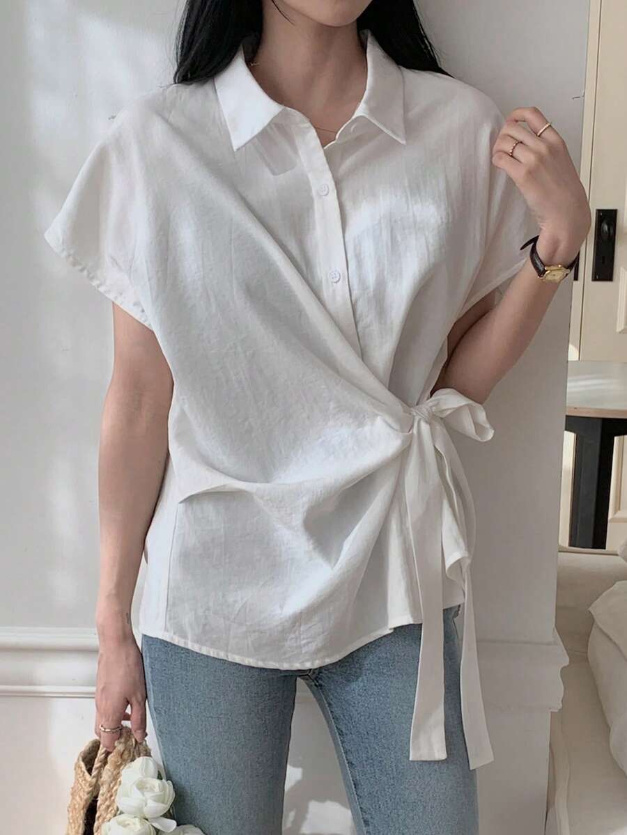 DAZY Women's Casual Collared Short Sleeve Shirt With Side Tie Knot Detail - White - View 1