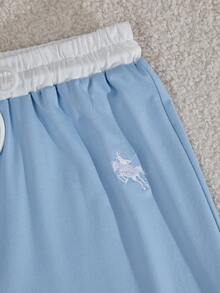 Teen Girl Knight Embroidery Pattern Ruffle Long Sleeve T-Shirt And Drawstring Waist Pocket Pants Casual Back To School Outfit Set - Blue - View 9