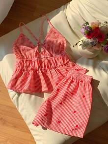 Comfortcana 红色编织女士心形格子印花吊带背心和短裤休闲套装 - 紅色 - 查看 2