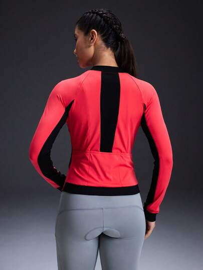  Powerista Women's Contrast Trim Letter Print Zipper Front Long Sleeve Cycling Jersey Black&Red Fitness Sports Jacket Quick-Dry Breathable Cycling Jersey, Single Top Bicycle Shirt, Mountain Bike Uniform Moisture-Wicking, With Pockets, For Sports & Outdoor Activities