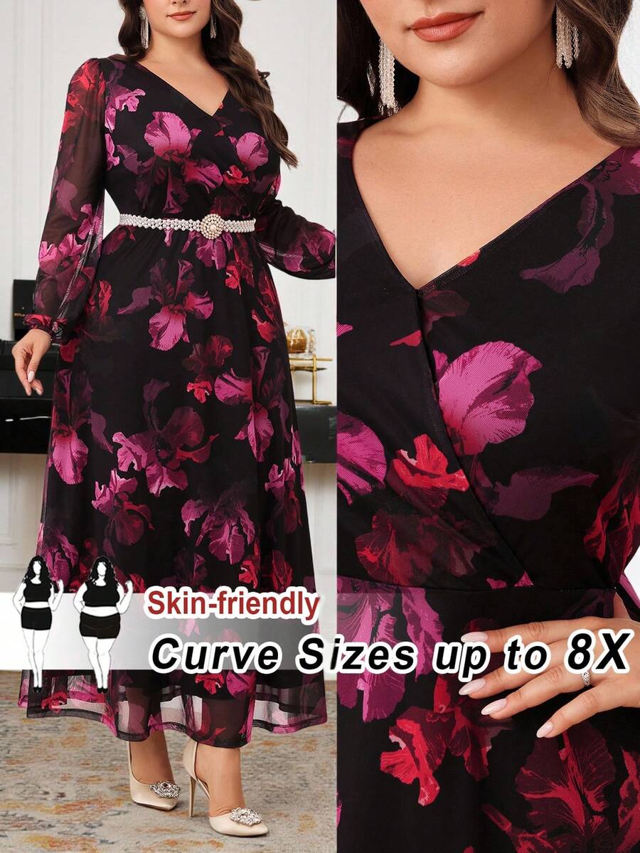 SHEIN CURVE+ Váy dạ hội dài tay cổ chữ V in hoa cỡ lớn/2026/Năm mới - Màu Đỏ Sâu - Xem 1