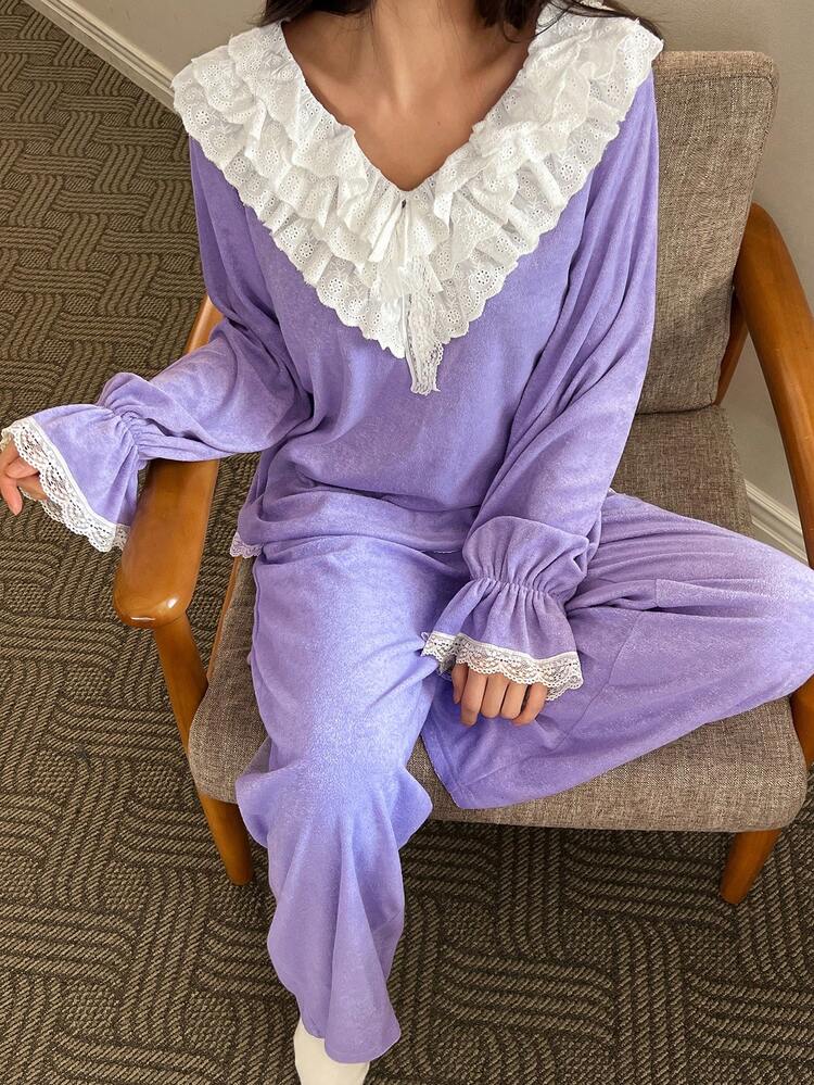 Women's Sleepwear Set With Contrasting Color Ruffled Collar, Made Of Terry Cloth Material