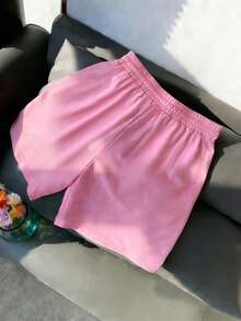 Resyla Women's Drawstring Strawberry Embroidered Shorts, Regular Fit, Rose Pink - Hot Pink - View 2