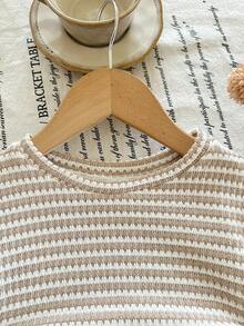 SHEIN Baby Girl Knitted Striped Pleated Crew Neck Top - Apricot - View 6