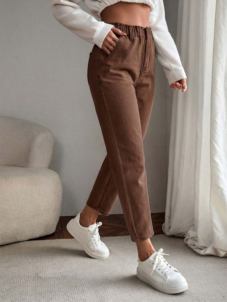 EMERY ROSE 女士夏季纸袋腰直筒牛仔裤 - 咖啡棕 - 查看 1