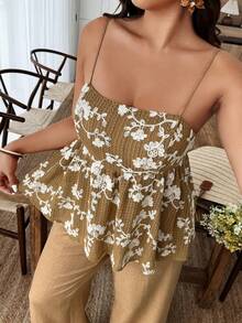 Weeklong Plus Size Women Casual Vacation Spaghetti Strap Square Neck Embroidered Ruffle Hem 2 Piece Set, Spring/Summer - Khaki - View 5