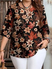 Mellowie Plus Size Plant Print Casual Shirt, Suitable For Summer - Multicolor - View 1