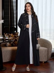 Al Najma Áo Abaya dài tay, dáng suông, đính đá lấp lánh, cỡ lớn dành cho nữ, thích hợp cho các dịp trang trọng. - màu đen - Xem 4