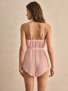 Charlaine Floral Lace Pleated Romantic French Elegant Charming Sexy Lace Spring Pink Women Pajama Jumpsuit