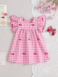 SHEIN 1 pieza Vestido de niña bebé sin mangas de cintura alta con cuello cuadrado y botones, con volantes y estampado de cuadros rosas, estilo campestre casual, patrón fresco, silueta ligera, adecuado para juegos al aire libre, uso casual en casa y fiestas relajadas - Rosa - Ver 10