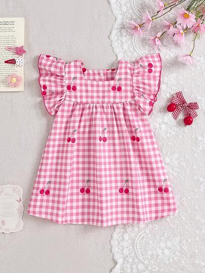 SHEIN 1pc Baby Girls Toddler Kids Infants Casual Countryside Style Pink Plaid Cherry Print Gingham Square Neck Flutter Ruffle Sleeve High Waist Lightweight A-Line Dress Gown Clothes Outfits Clothing For Party Outdoor Play Spring Summer