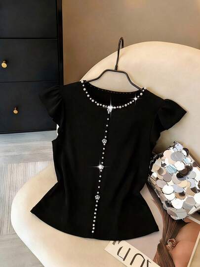 GlowEve Áo croptop nữ thời trang mới, cổ tròn, tay bồng, đính ngọc trai đen và pha lê, họa tiết hoa, thích hợp mặc hàng ngày, dự đám cưới, dạ hội, đi làm, tiệc tốt nghiệp, ngày lễ, kỳ nghỉ, hẹn hò, tiệc tùng, Halloween, Giáng sinh, Năm mới, Lễ Tạ ơn, đám cưới.