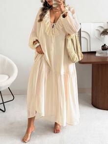 Vionelle Women's Loose Chiffon Plus Size Long Dress With Ruffle Hem And V Neck Extra Long Bishop Sleeve Bohemian Style - Apricot - View 6