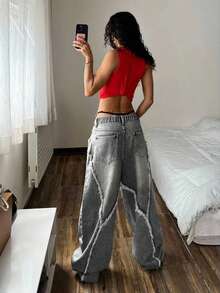 SHEIN ICON Plus Size Women Vintage Washed Denim Jeans, Autumn/Winter - Light Grey - View 2