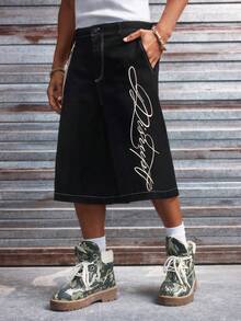 AXEPEAK Men's Casual Letter Embroidered Shorts, Summer - Black - View 2