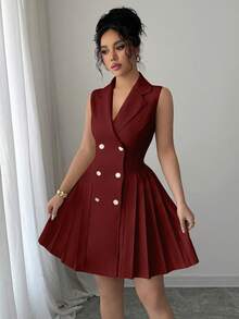 Rafferiza Women's Elegant Commuter Double-Breasted Pleated Hem Sleeveless Dress, Summer - Burgundy - View 4