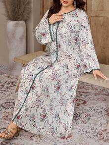 SHEIN Najma 大码女士阿拉伯风格印花长袖连衣裙 - 彩色 - 查看 3