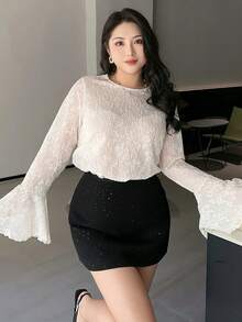 Dazy Plus Áo thun nữ cỡ lớn cổ tròn tay loe họa tiết jacquard thanh lịch để đi chơi. - trắng - Xem 8