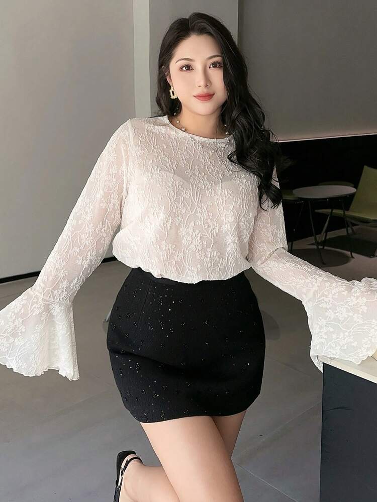 Dazy Plus Plus Size Women Jacquard Round Neck Flare Sleeve Elegant T-Shirt Going Out Tops Women