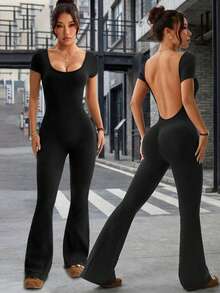 Slayform 女士无缝高弹圆领健身瑜伽连体裤 - 黑色 - 查看 2