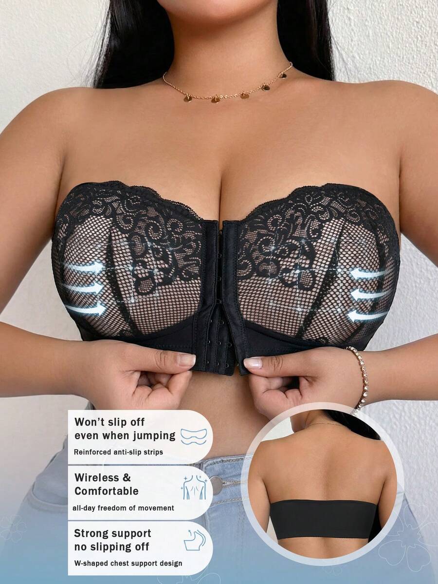 DesireSculpt 1pc Plus Size Black Wireless Lace Front Closure Supportive Bra - Black - View 1