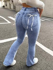 SHEIN ICON Quần jeans nữ ống loe ôm sát, co giãn, gợi cảm với điểm nhấn nơ, màu xanh dương, cạp cao, kiểu dáng vintage Y2K, có túi, dành cho nữ. - Rửa trung bình - Xem 1