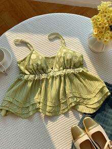 Comfortcana 女士镂空撞色蕾丝荷叶边吊带背心 2026 新款春夏时尚女装，适合海滩度假休闲穿着，绿色上衣 - 綠色 - 查看 3