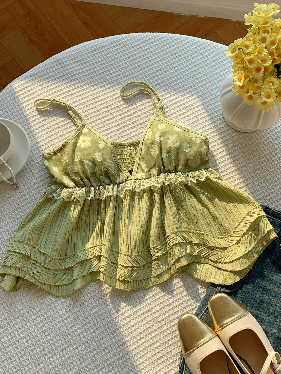 Comfortcana Áo hai dây cỡ lớn màu trơn họa tiết hoa 3D, viền bèo nhún tương phản, thích hợp mặc đi nghỉ mát. - màu xanh lá - Xem 1