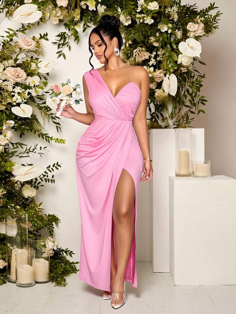 SOLERSUN 女士优雅浅粉色不对称领口褶皱开衩大腿晚礼服紧身连衣裙，适合舞会、鸡尾酒会、婚礼宾客和红毯活动的正式礼服 - 淺粉色 - 查看 1