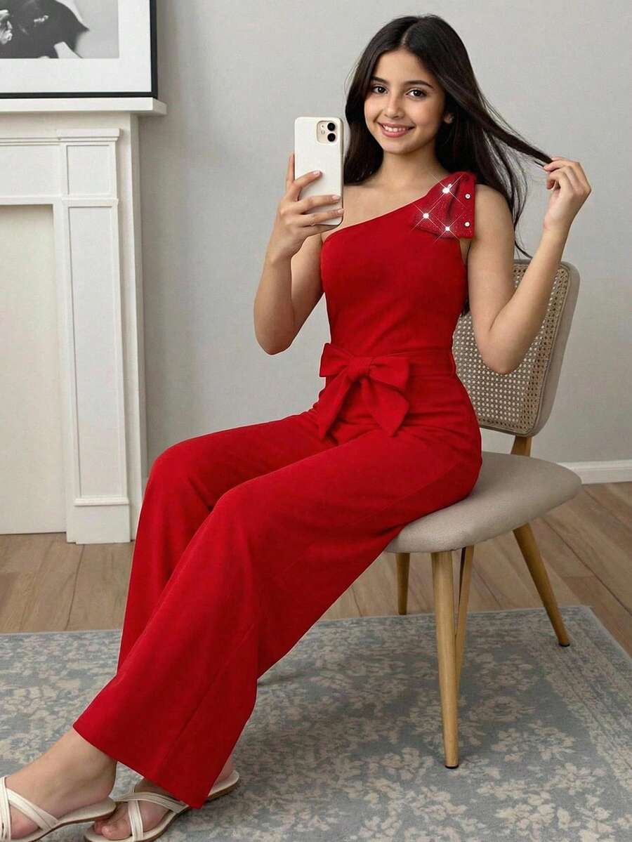 SHEIN 少女优雅休闲/通勤串珠蝴蝶结肩部连体裤，红色，春夏款 - 紅色 - 查看 1
