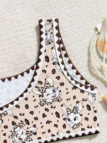 3pcs Young Girl Swimwear Set, Cute Leopard Print Rabbit Bikini With Beach Skirt - Brown - View 5