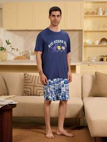 Velminro Men's Casual Cartoon Letter Print Short Sleeve Loungewear Top, Summer