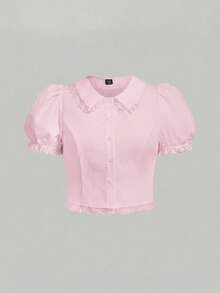 SHEIN MOD 加大码白色蕾丝装饰泡泡袖短袖衬衫 - 粉色 - 查看 1