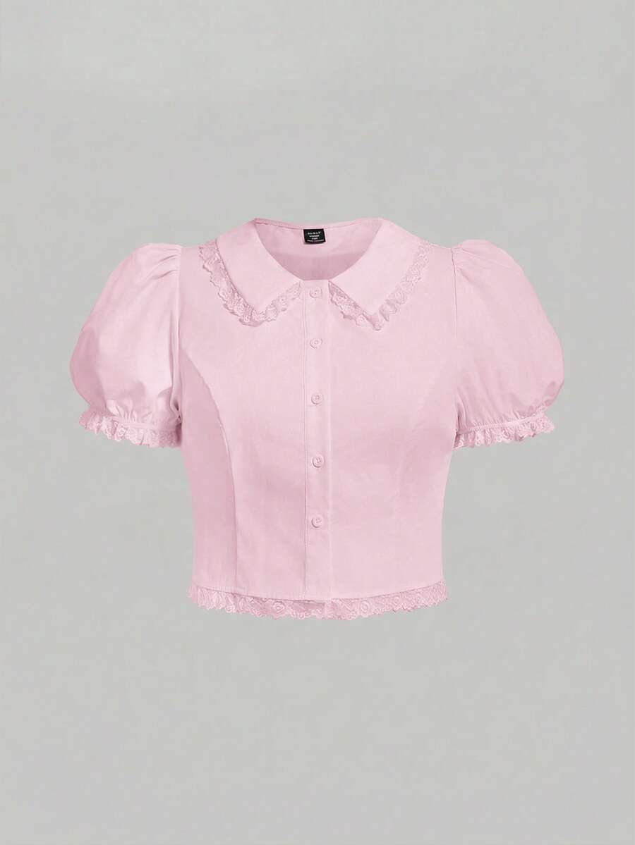 SHEIN MOD Áo kiểu tay ngắn phồng màu trắng trang trí ren, cỡ lớn. - Hồng - Xem 1